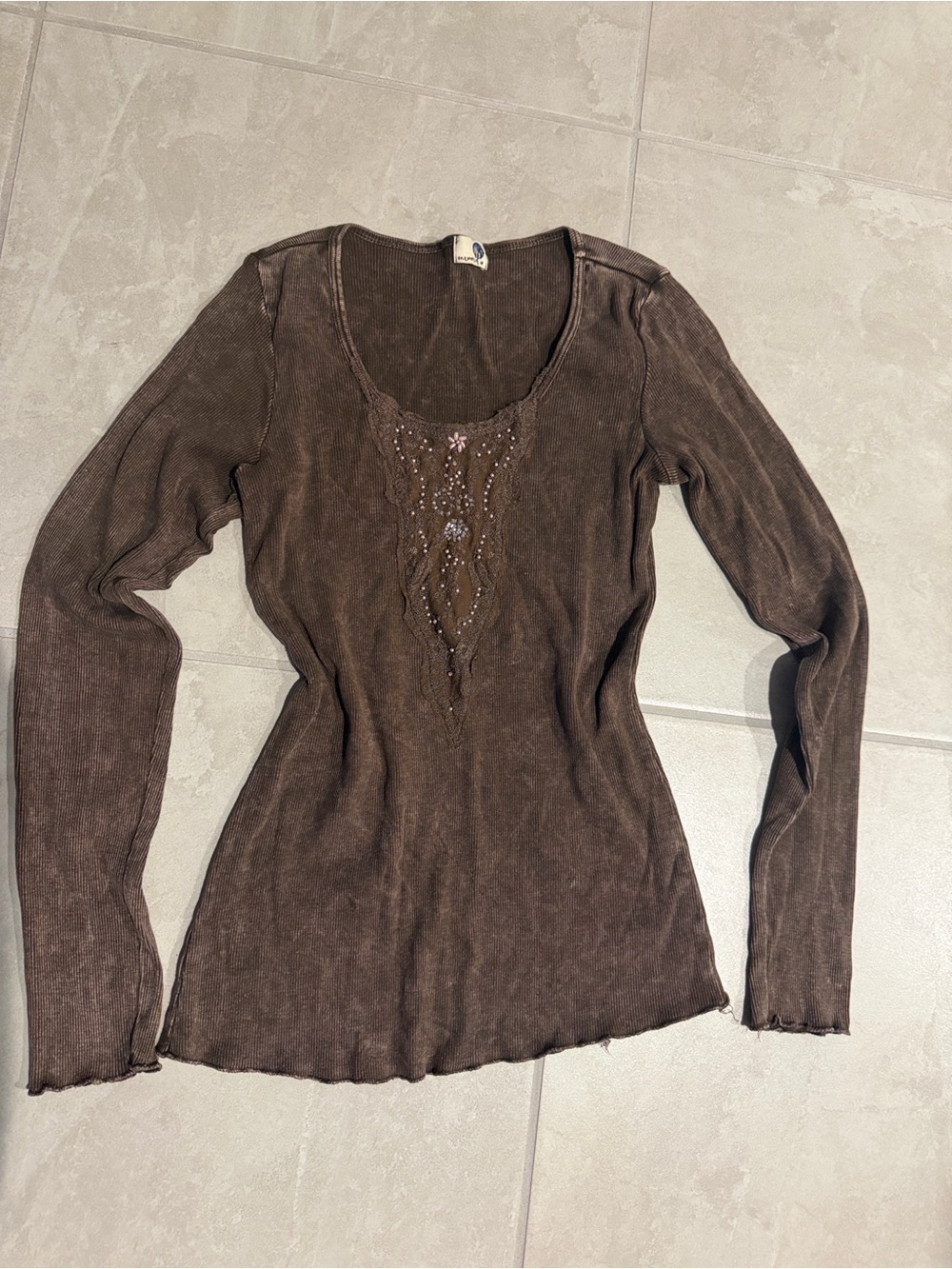 Vintage ONE WORLD Brown Long Sleeve Scoop Neck Embellished Y2K Top